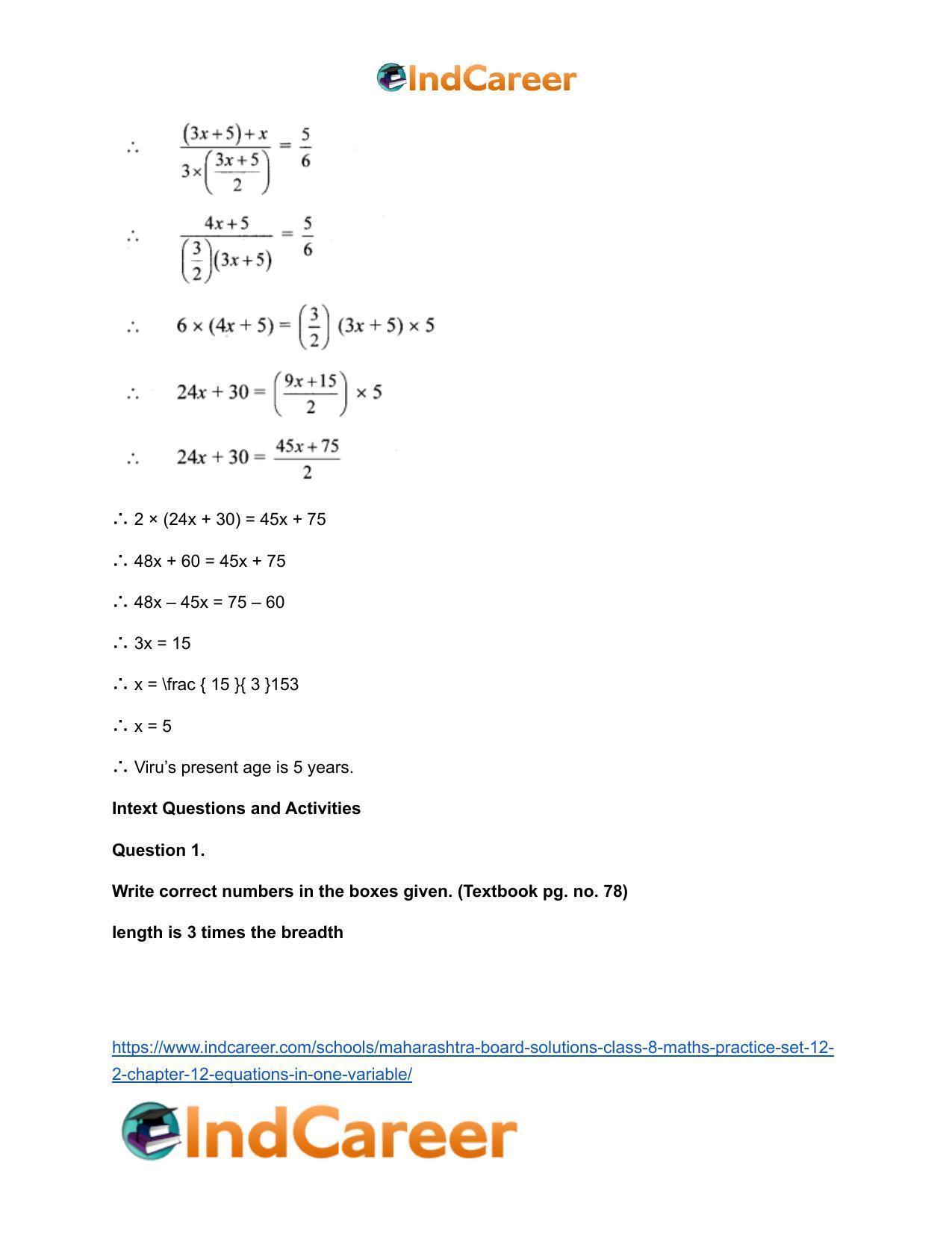 Maharashtra Board Solutions Class 8-Maths (Practice Set 12.2): Chapter 12- Equations in One Variable - Page 11