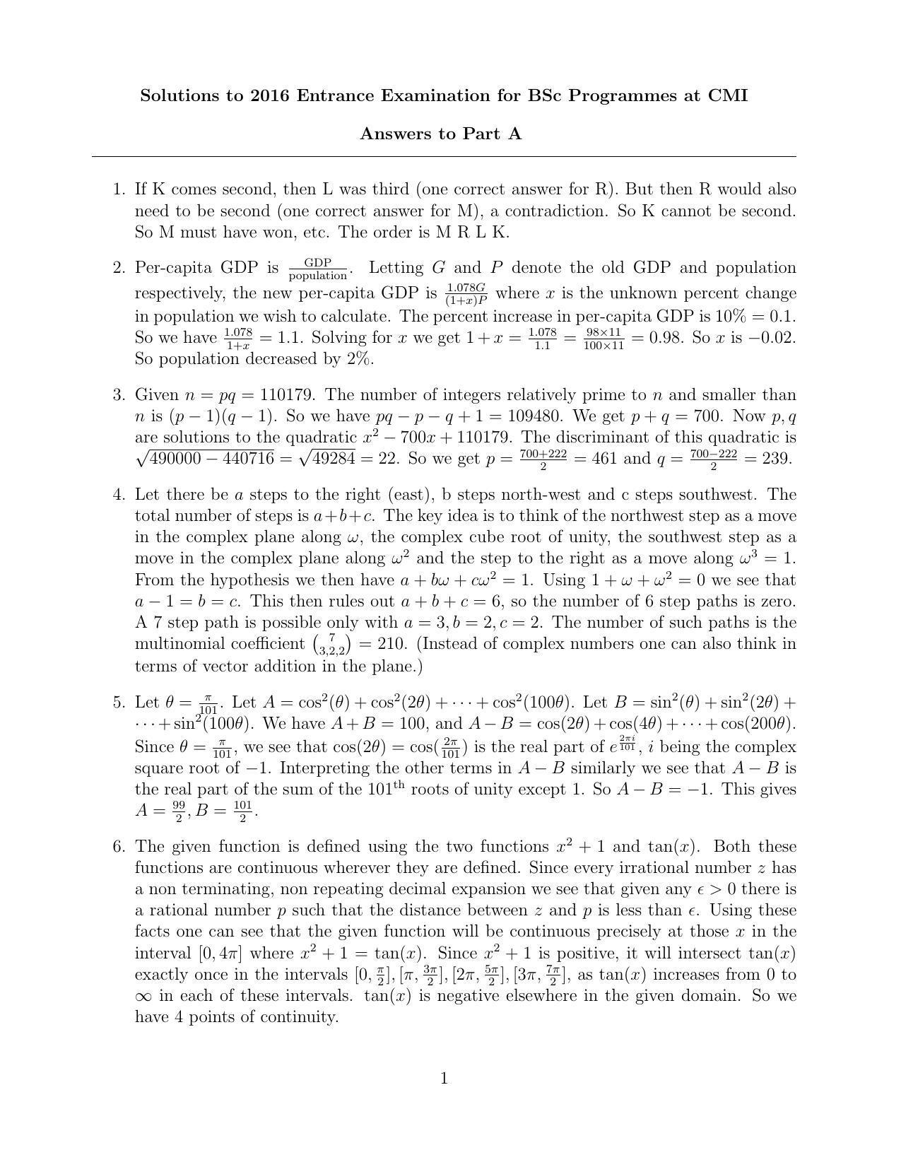 CMI Entrance Exam 2016 Solutions B.Sc (Hons.) Mathematics and Computer Science - Page 1