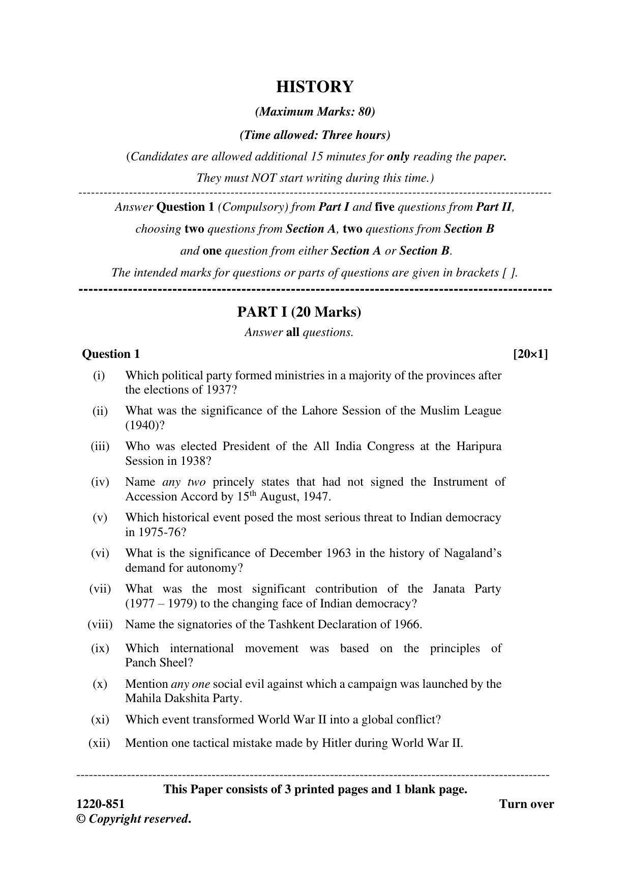 ISC Class 12 2020 History Question Paper - Page 1