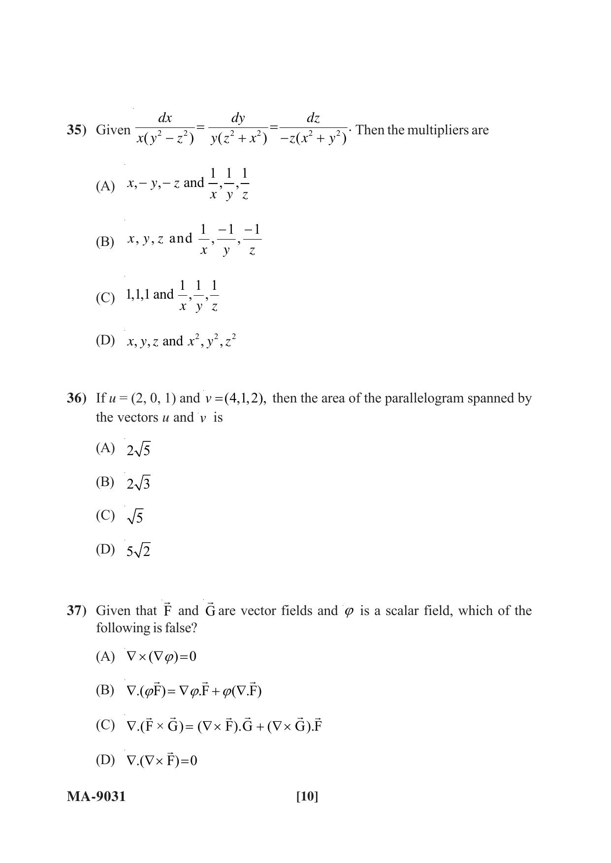 Mysore University PG Entrance Exam 2022: M.Sc. Mathematics Question Paper - Page 10