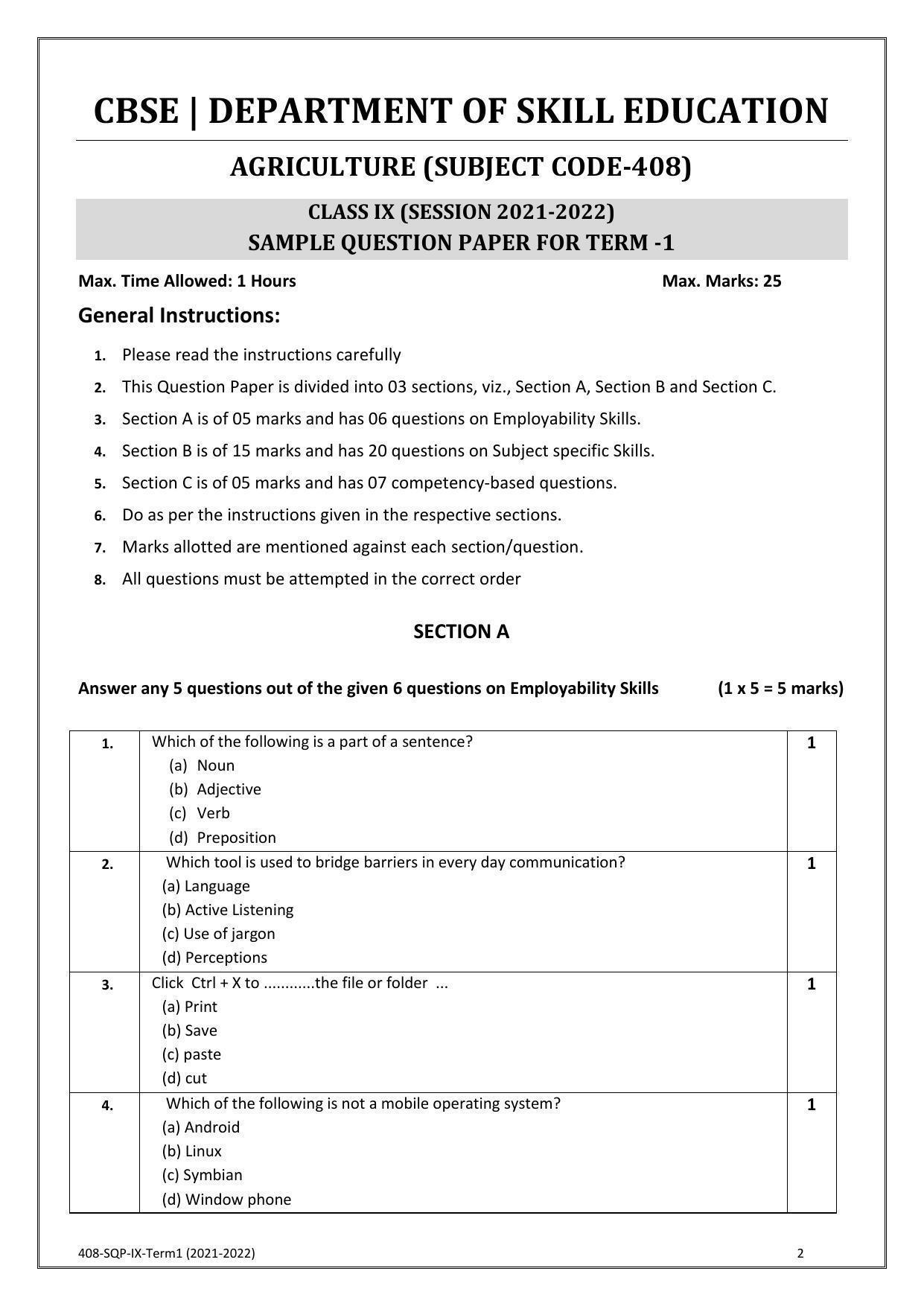 CBSE Class 10 Skill Education (Term I) - Agriculture Sample Paper 2021-22 - Page 2