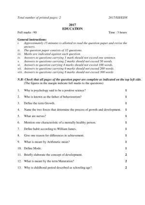Nagaland Board Class 12 EDUCATION 2017 Question Papers