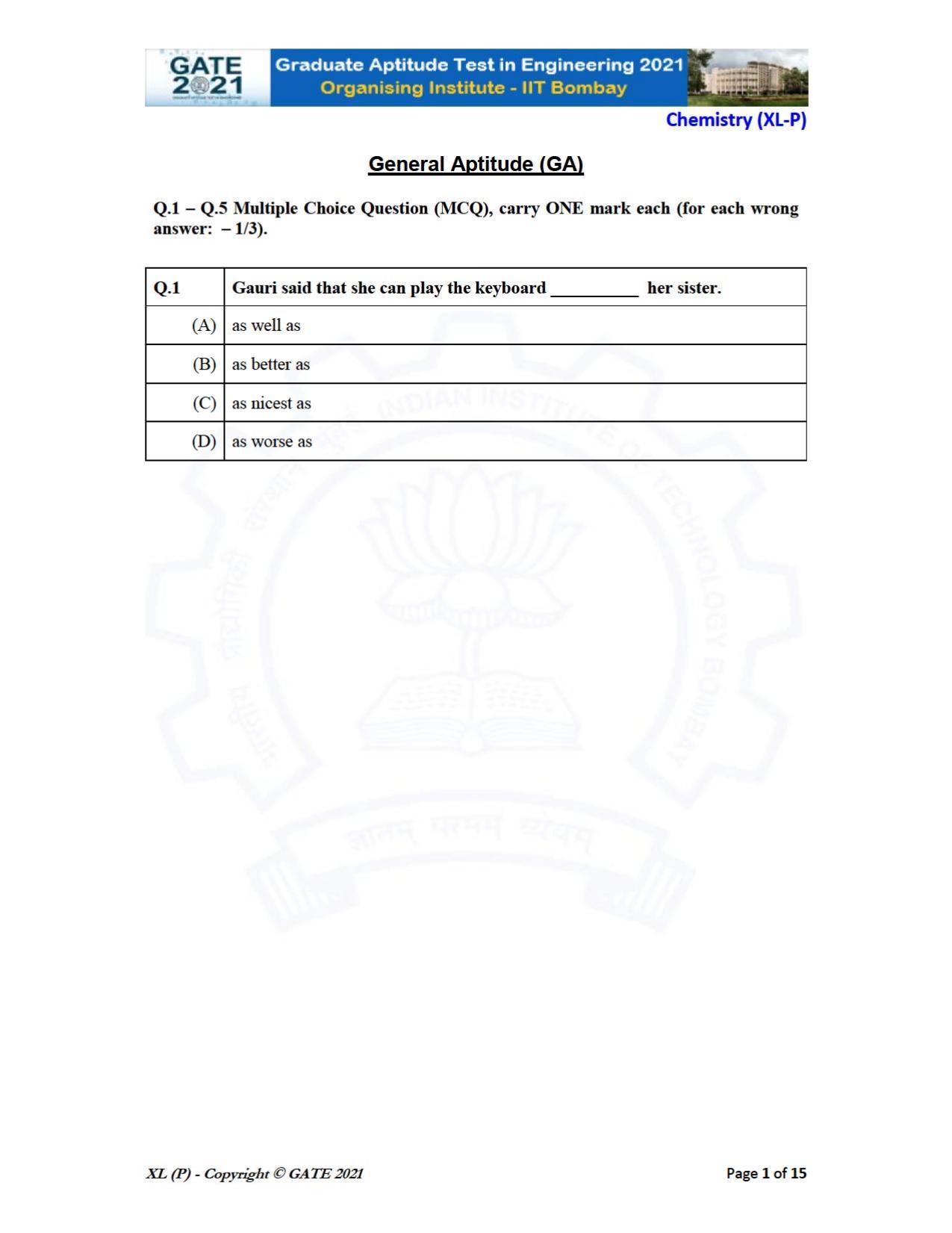 GATE 2021 Life Sciences (XL) Question Paper - Page 1