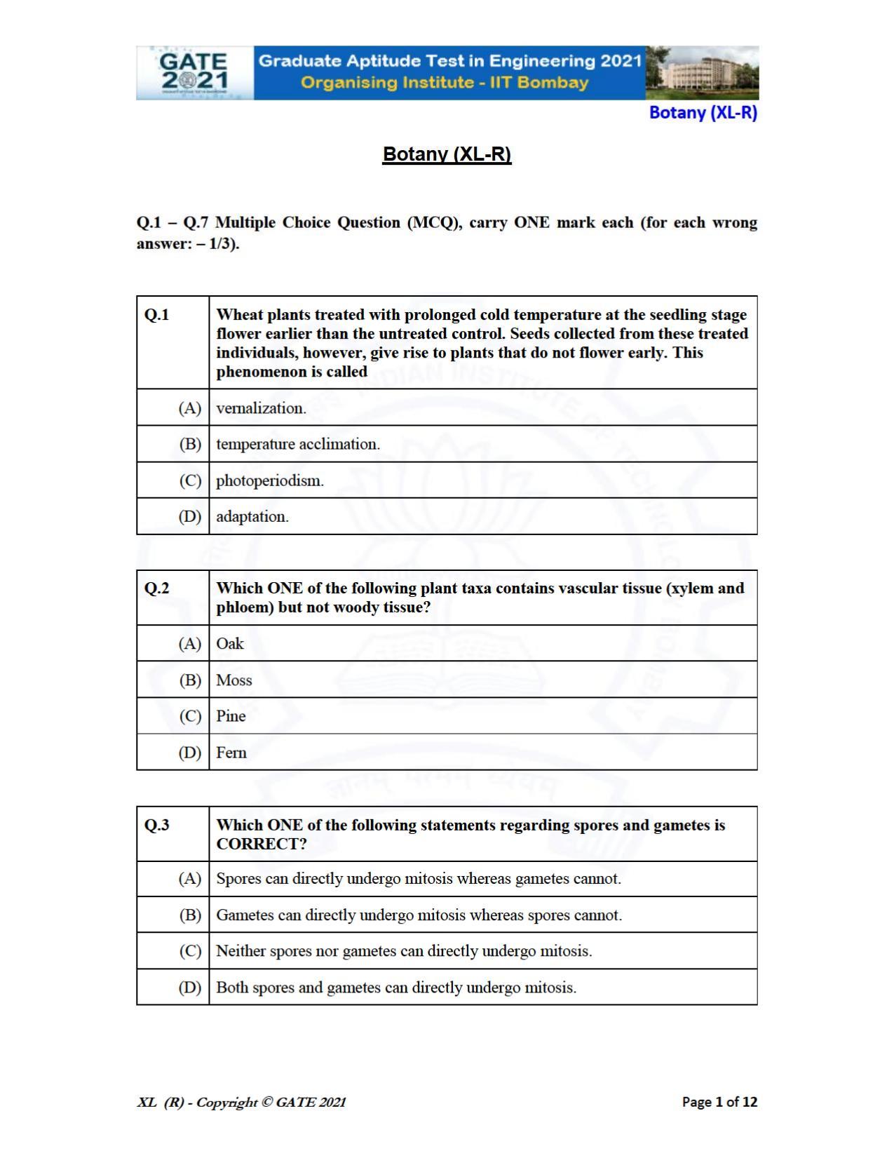 GATE 2021 Life Sciences (XL) Question Paper - Page 26