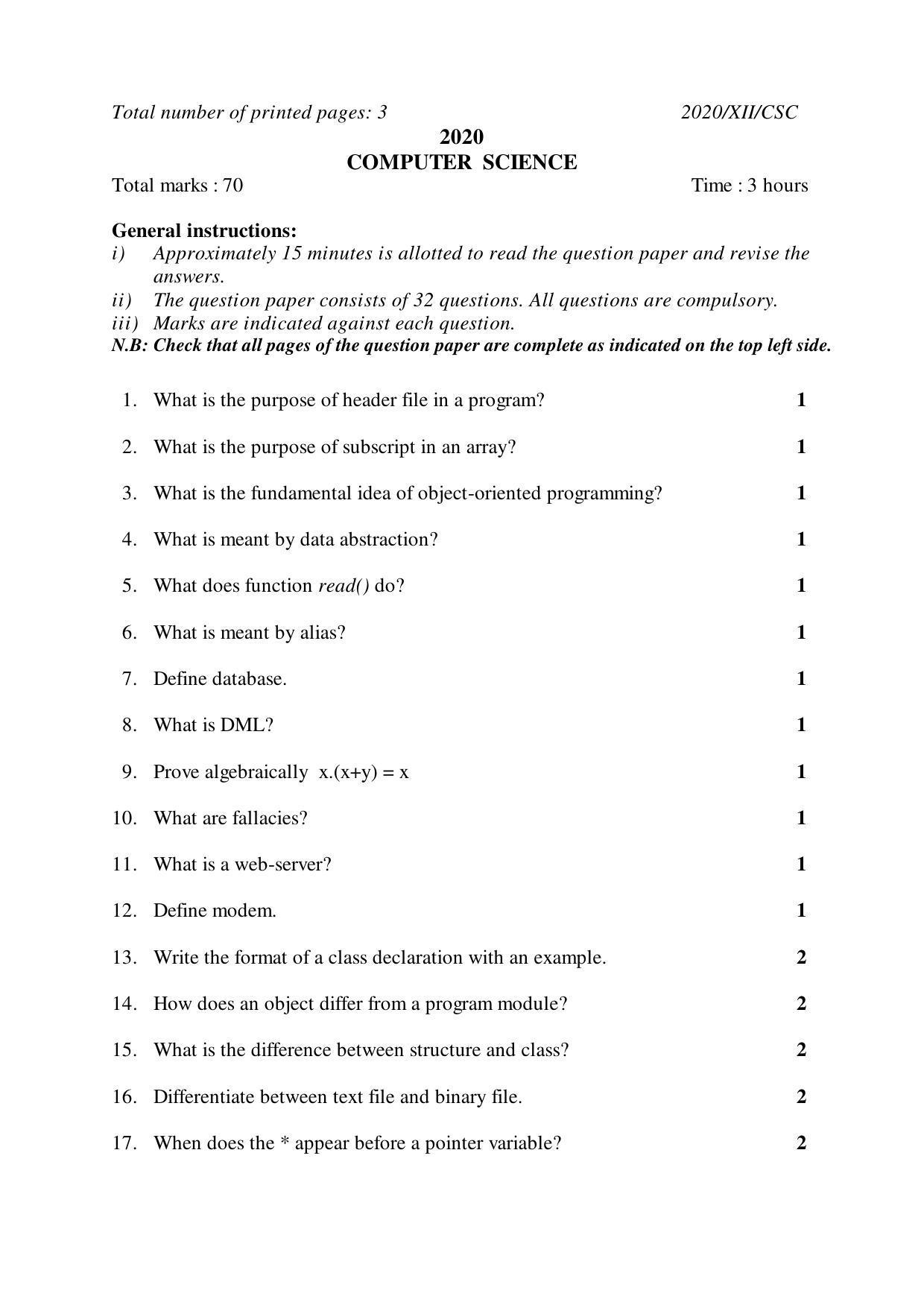 Nagaland Board Class 12 COMPUTER SCIENCE 2020 Question Papers - Page 1