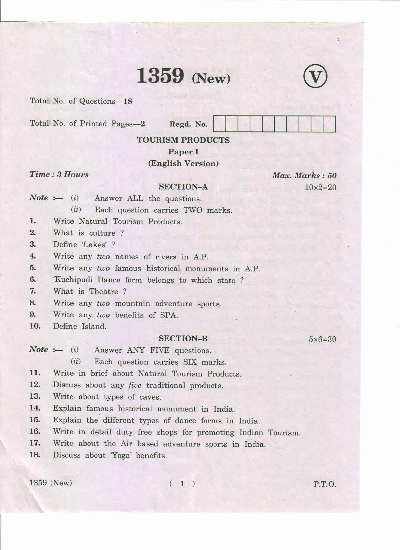 AP Inter 1st Year Tourism Products-I (New) March-2019-Vocational Question Paper - Page 1