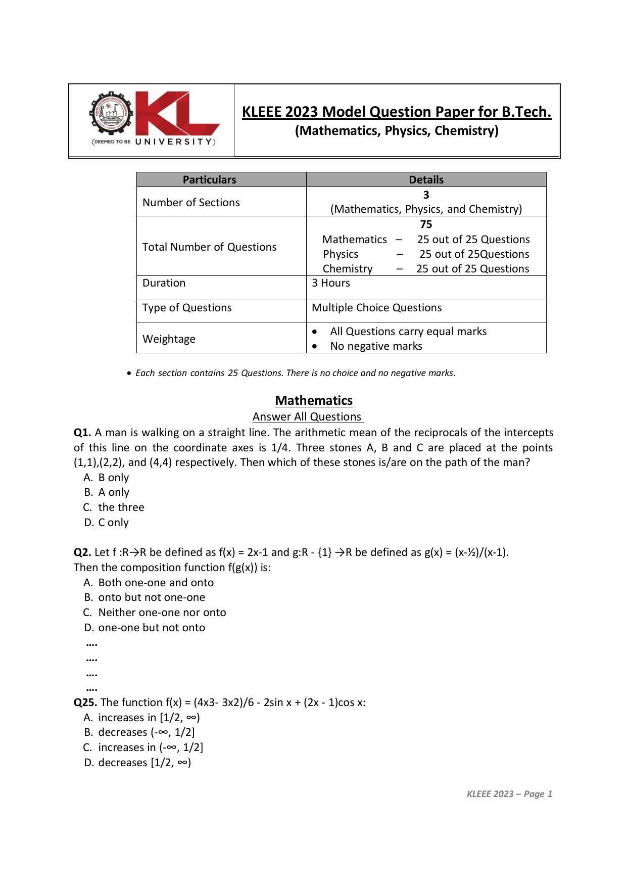 KLEEE 2023 Model Question Paper - Page 1