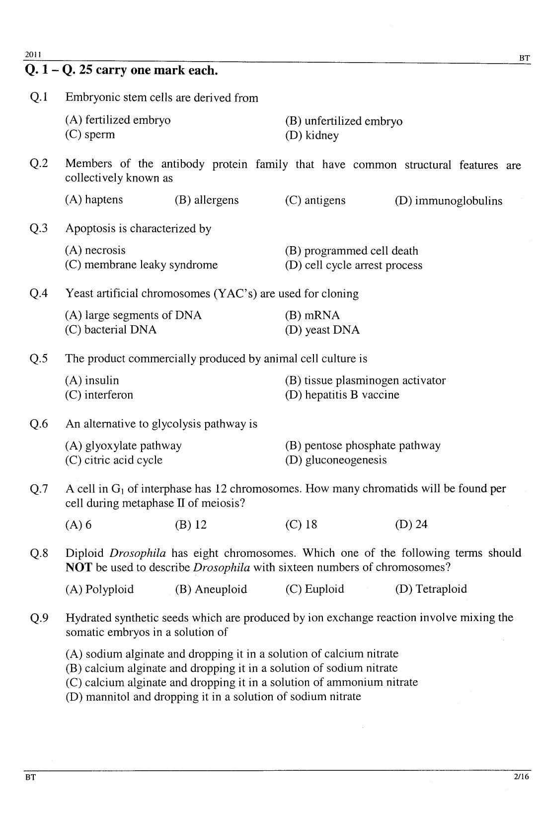 GATE 2011 Biotechnology (BT) Question Paper with Answer Key - Page 2