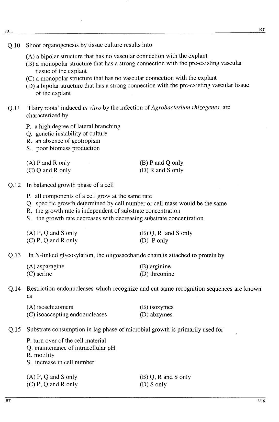 GATE 2011 Biotechnology (BT) Question Paper with Answer Key - Page 3
