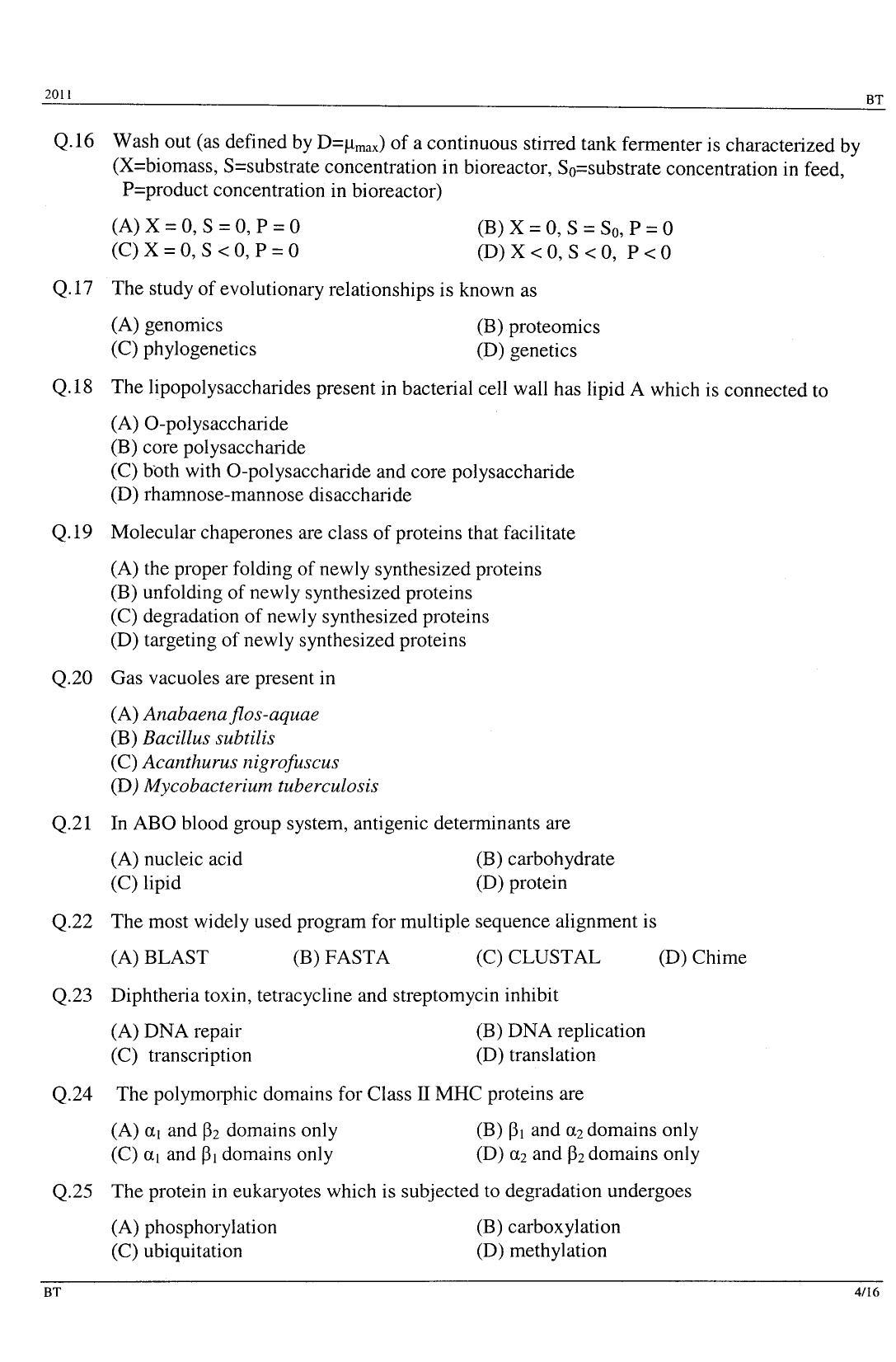 GATE 2011 Biotechnology (BT) Question Paper with Answer Key - Page 4