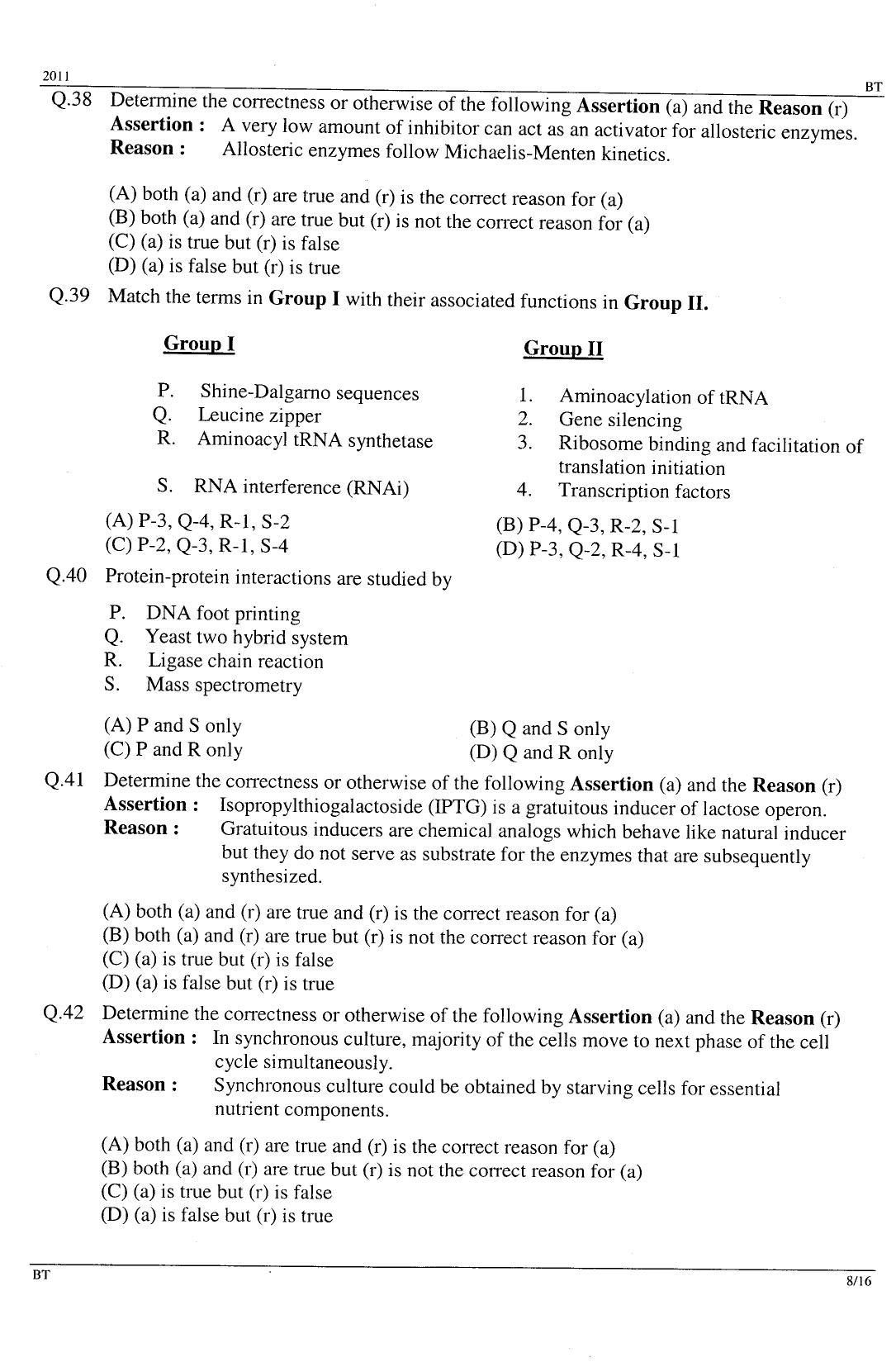 GATE 2011 Biotechnology (BT) Question Paper with Answer Key - Page 8