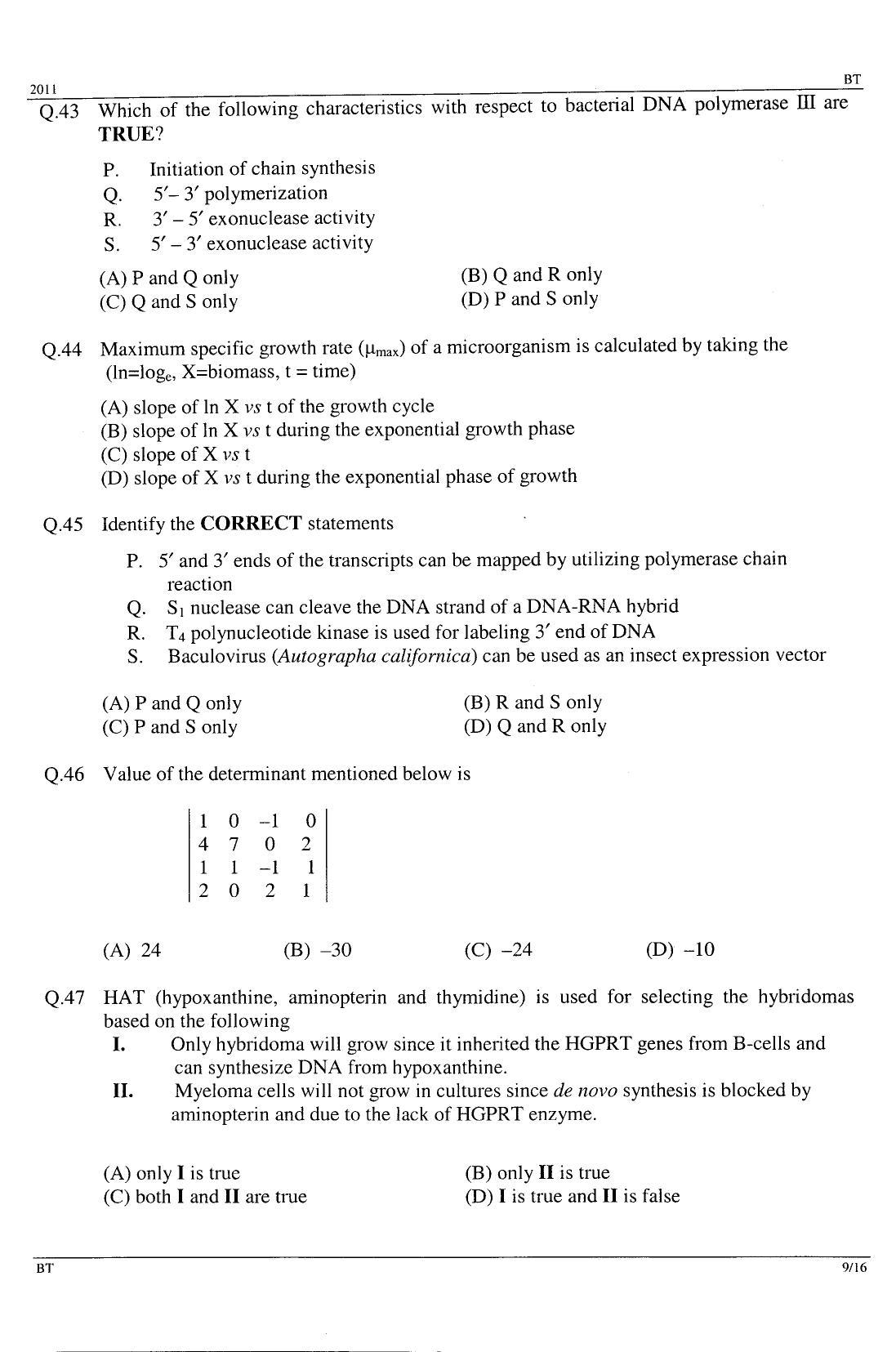 GATE 2011 Biotechnology (BT) Question Paper with Answer Key - Page 9