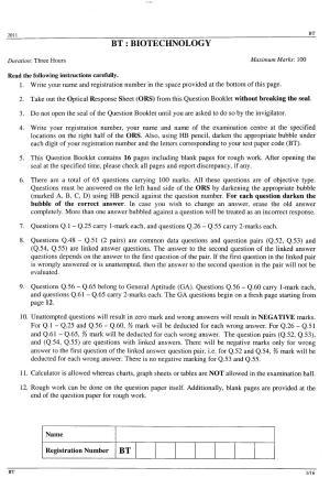 GATE 2011 Biotechnology (BT) Question Paper with Answer Key