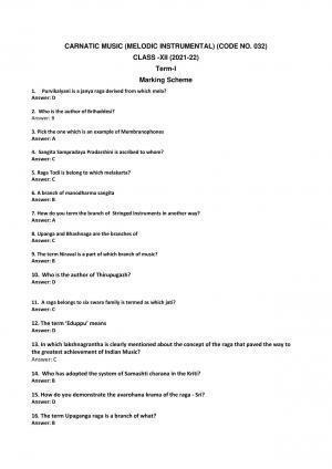 CBSE Class 12th Carnatic Melodic Sample Question Paper Answer Key 2021-22