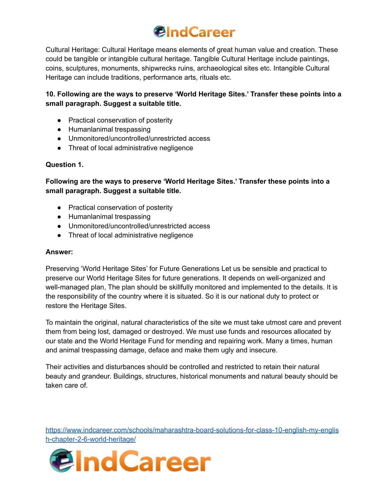 Maharashtra Board Solutions for Class 10- English (My English): Chapter 2.6- World Heritage - Page 16