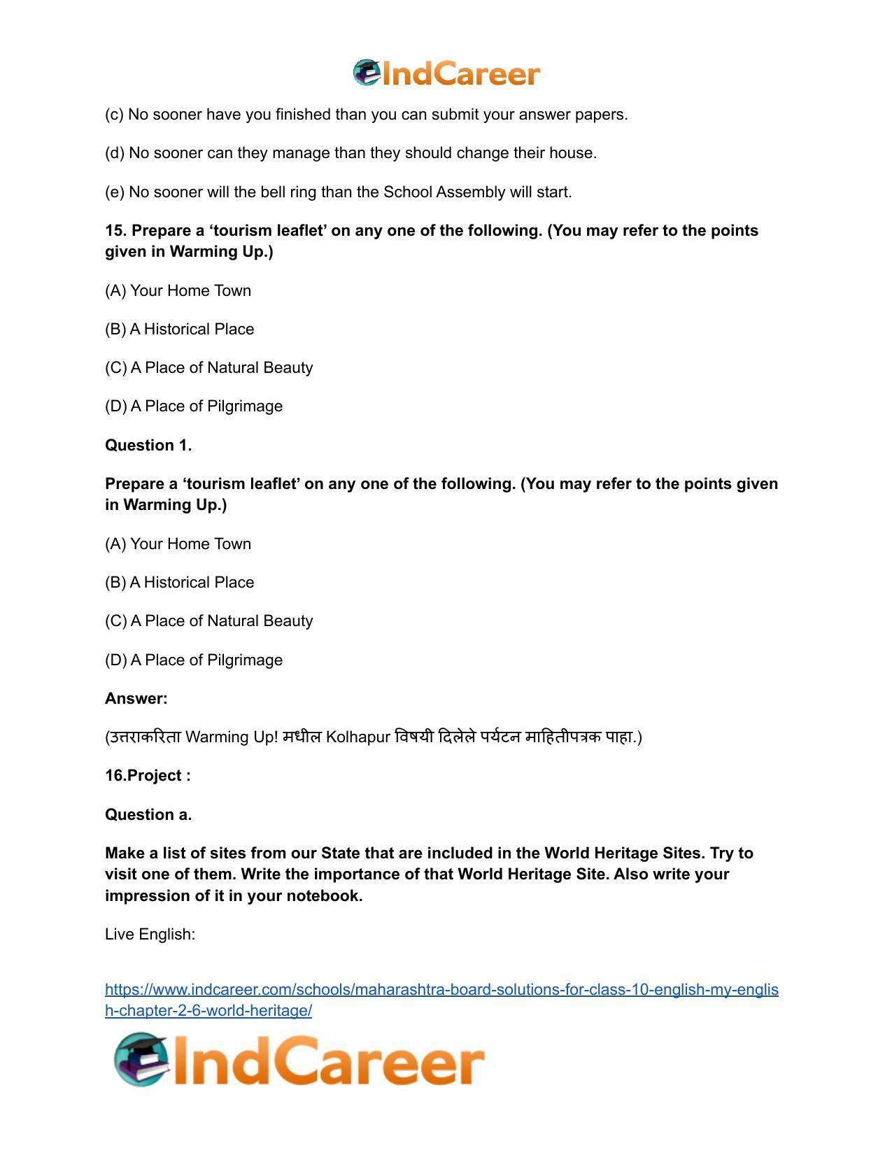 Maharashtra Board Solutions for Class 10- English (My English): Chapter 2.6- World Heritage - Page 20