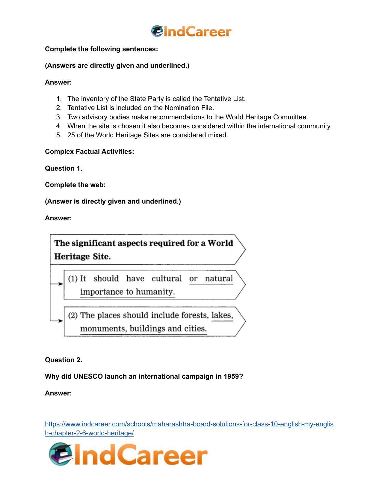 Maharashtra Board Solutions for Class 10- English (My English): Chapter 2.6- World Heritage - Page 27