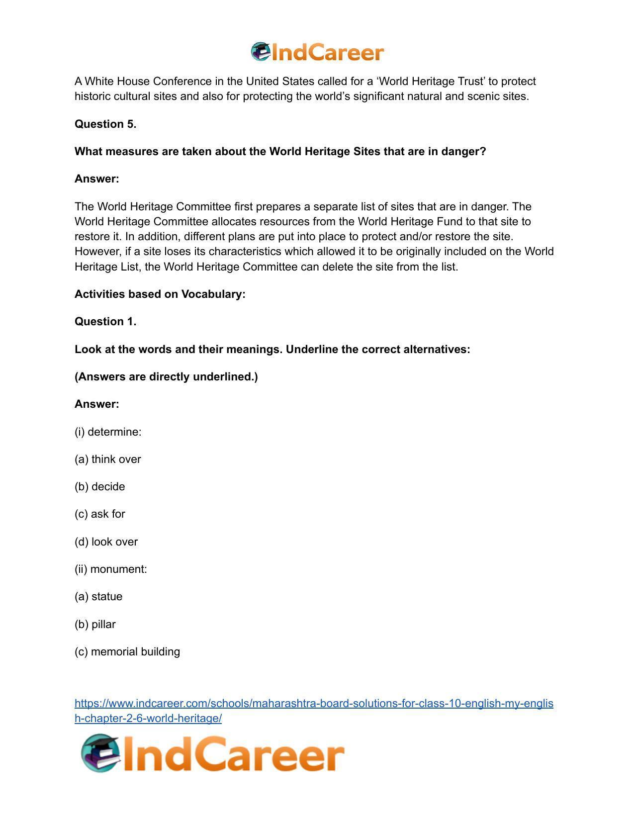 Maharashtra Board Solutions for Class 10- English (My English): Chapter 2.6- World Heritage - Page 29