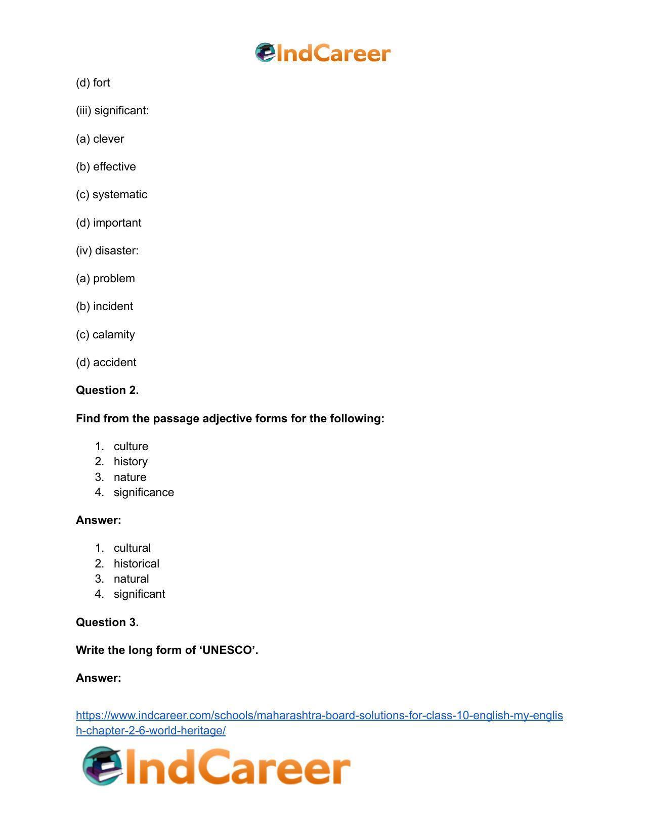 Maharashtra Board Solutions for Class 10- English (My English): Chapter 2.6- World Heritage - Page 30