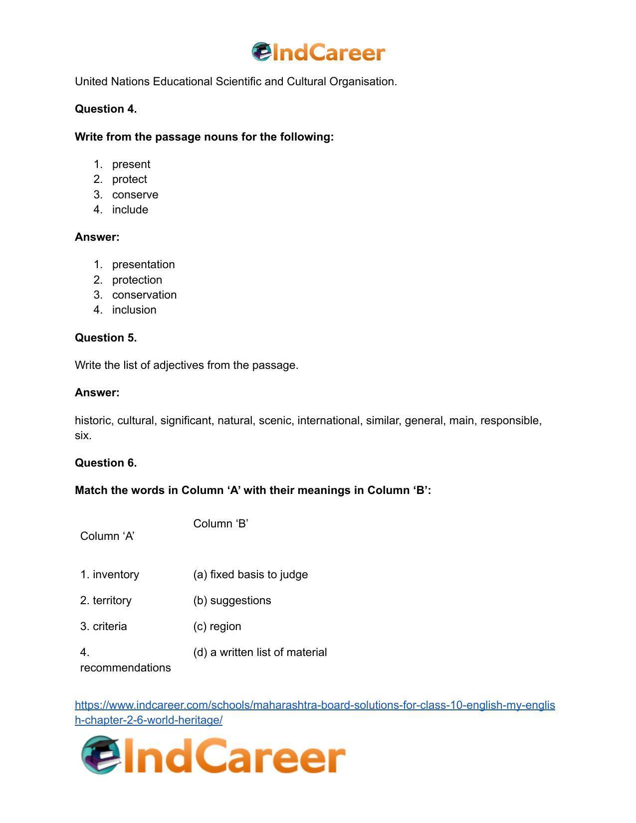 Maharashtra Board Solutions for Class 10- English (My English): Chapter 2.6- World Heritage - Page 31