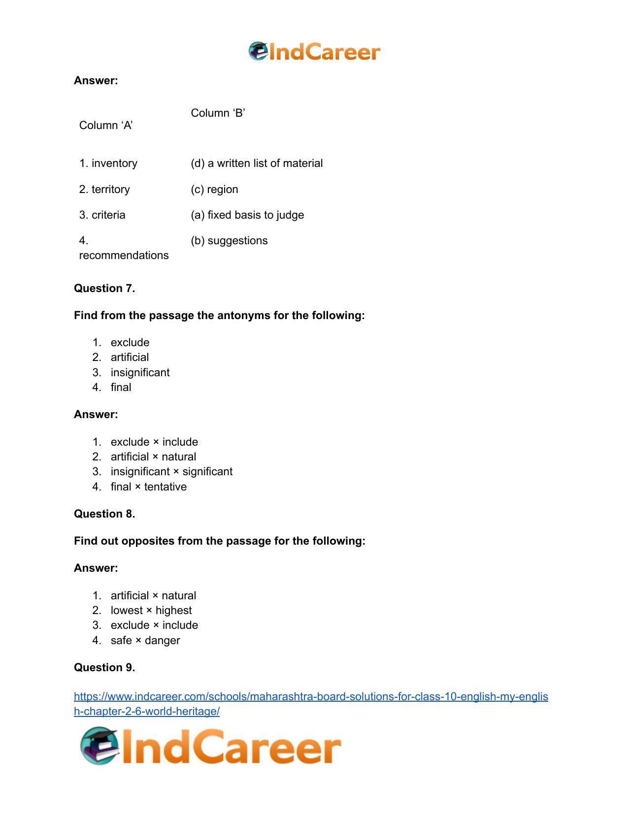 Maharashtra Board Solutions for Class 10- English (My English): Chapter 2.6- World Heritage - Page 32