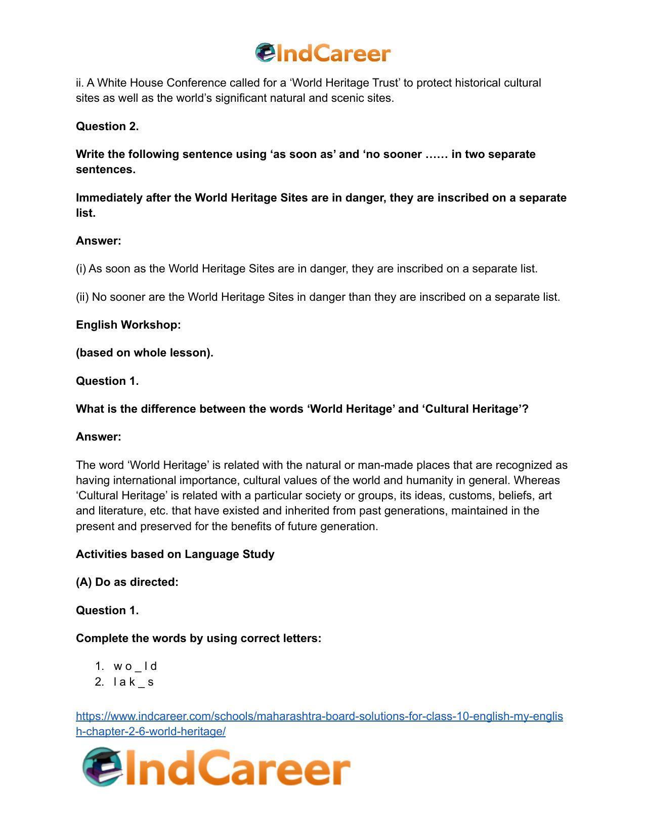 Maharashtra Board Solutions for Class 10- English (My English): Chapter 2.6- World Heritage - Page 34