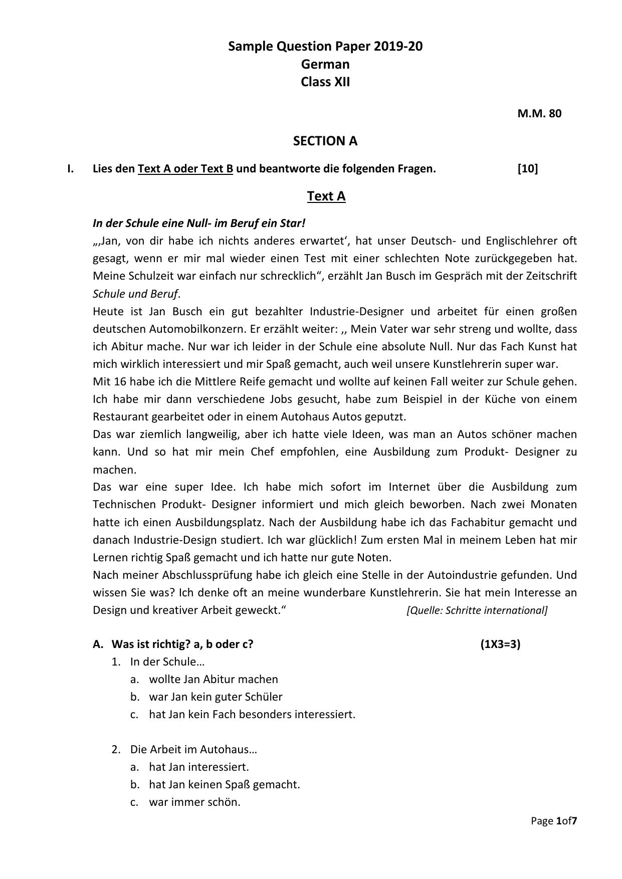 CBSE Class 12 German Skill Education-Sample Paper 2019-20 - Page 1