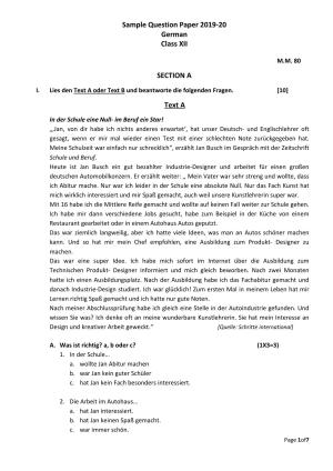 CBSE Class 12 German Skill Education-Sample Paper 2019-20