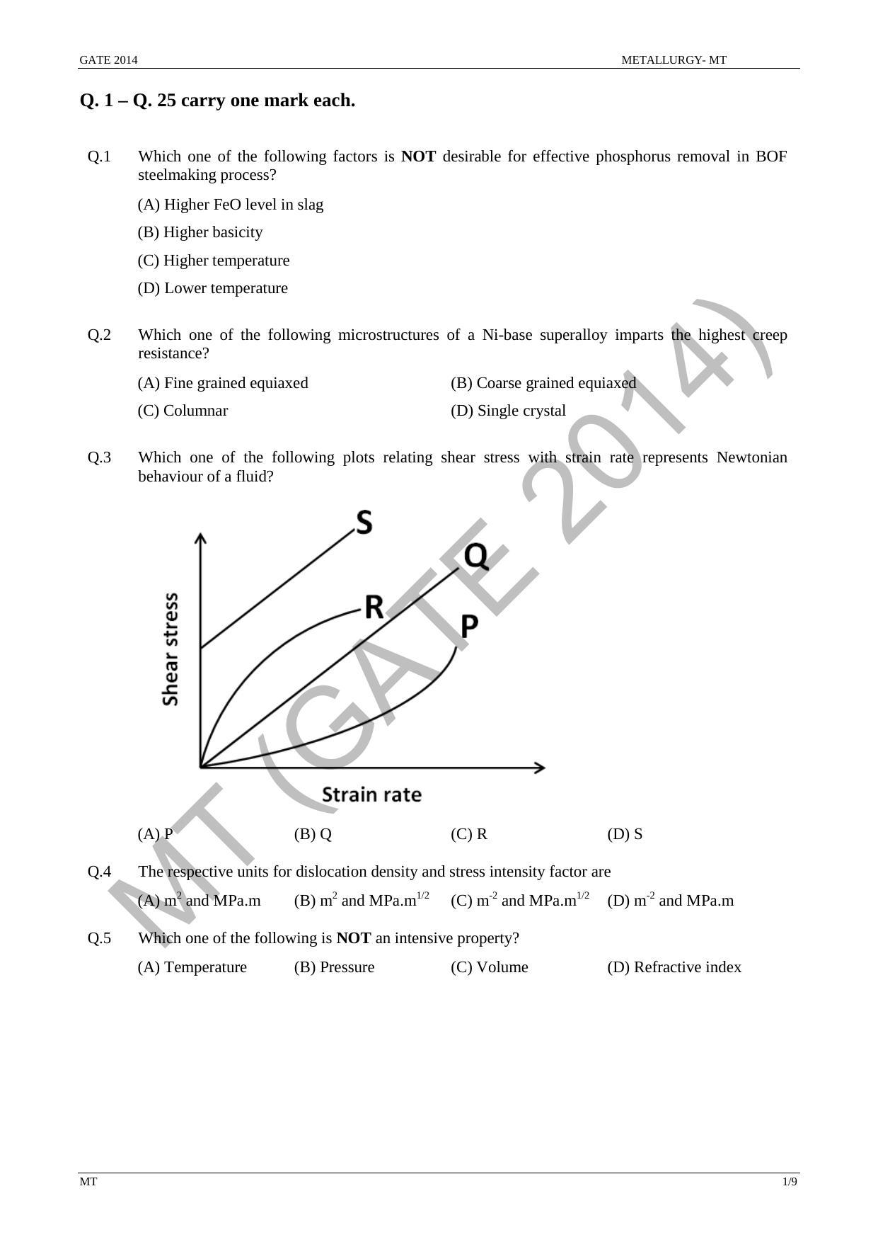 GATE 2014 Metallurgical Engineering (MT) Question Paper with Answer Key - Page 7