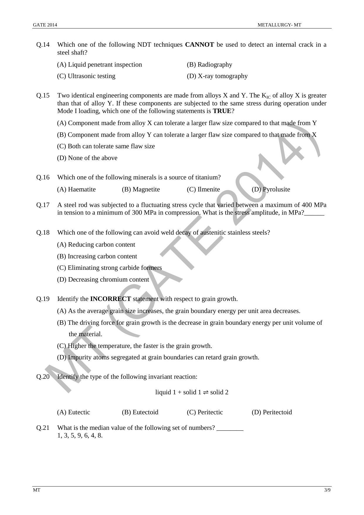 GATE 2014 Metallurgical Engineering (MT) Question Paper with Answer Key