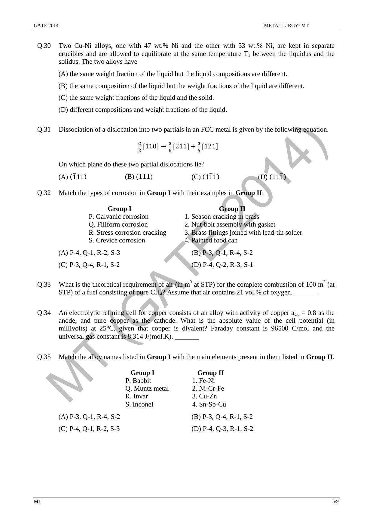 GATE 2014 Metallurgical Engineering (MT) Question Paper with Answer Key - Page 11