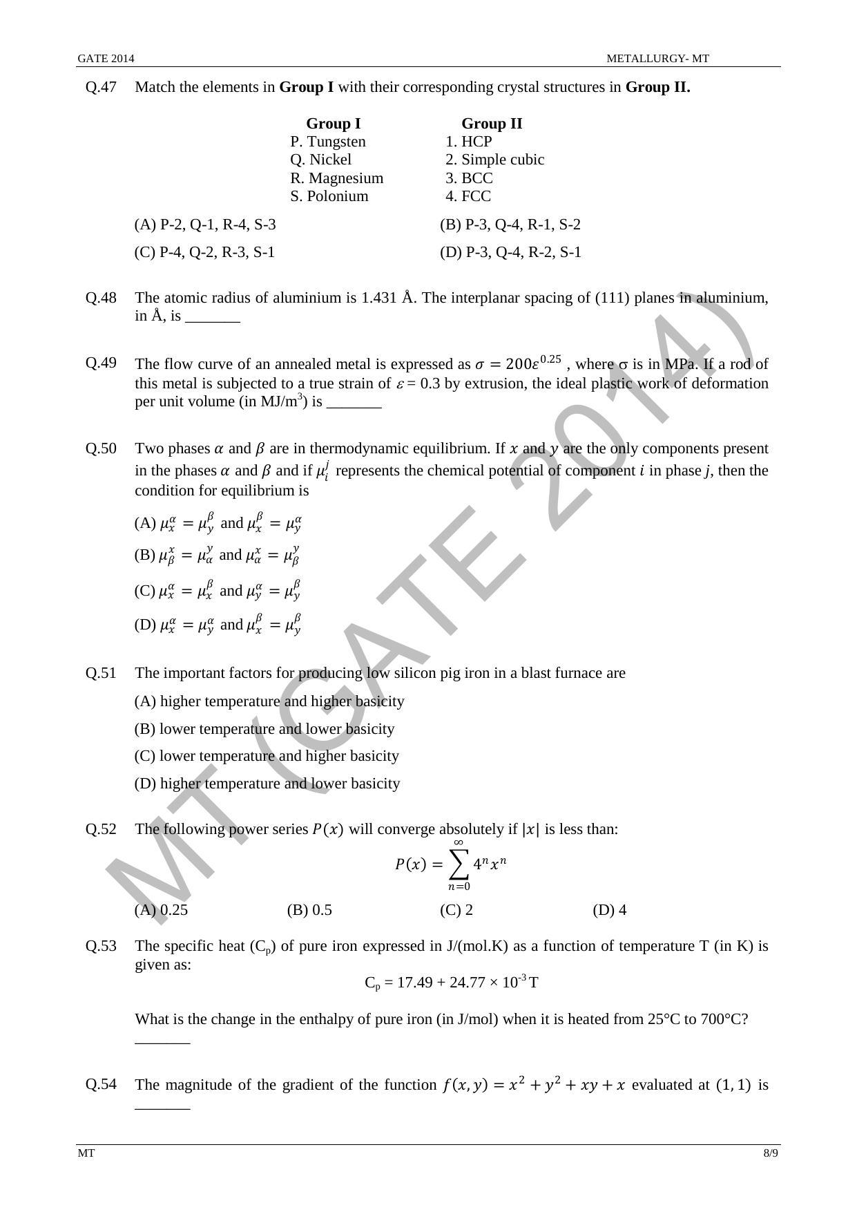 GATE 2014 Metallurgical Engineering (MT) Question Paper with Answer Key