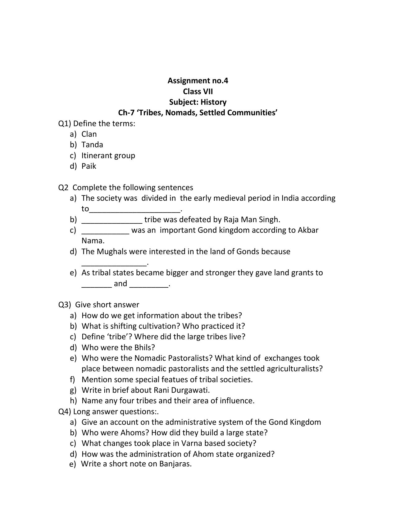 CBSE Worksheets for Class 7 History Assignment 4 - Page 1
