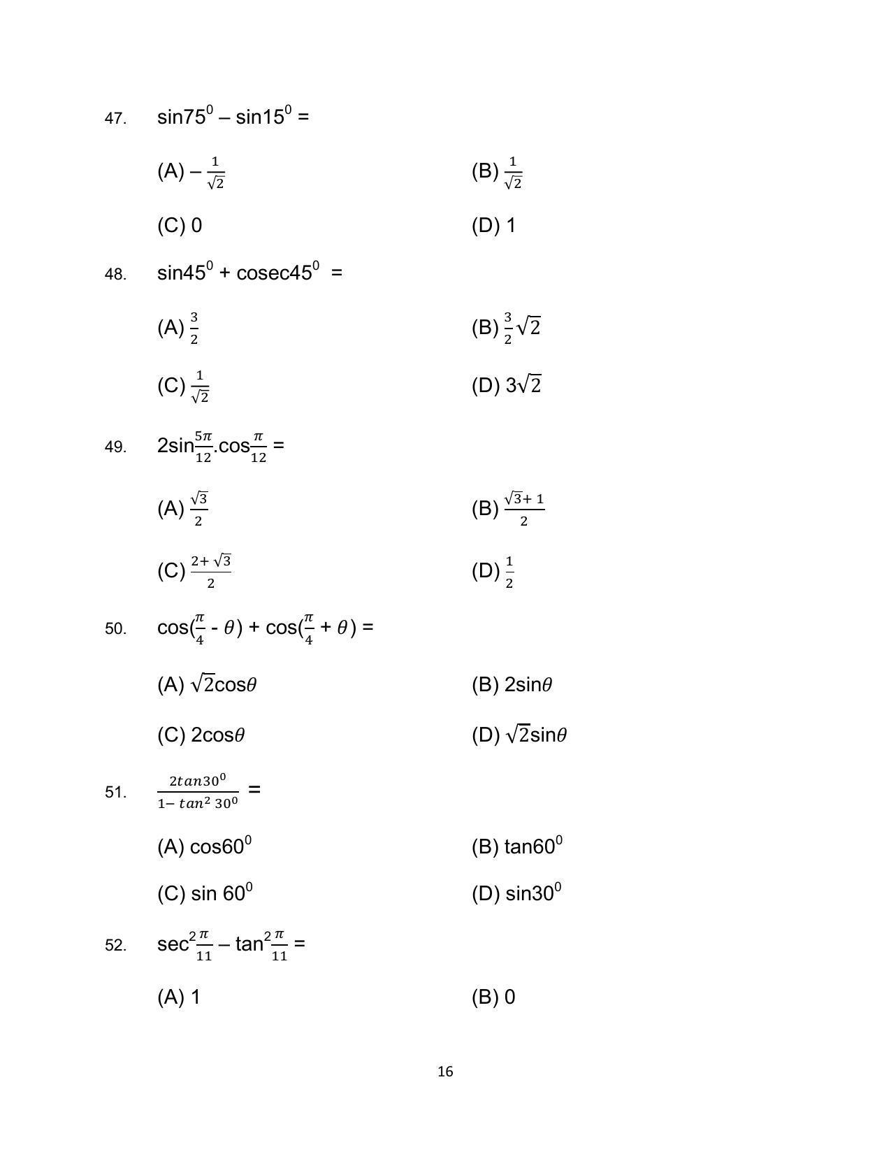 Bihar Board 10th Advanced Mathematics (Optional) Model Paper 2023 - Page 16