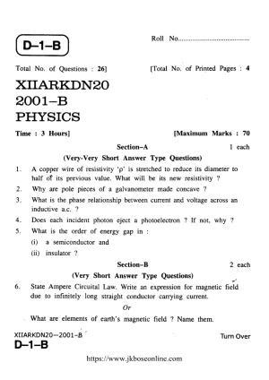 JKBOSE Class 12 Physics 2001-B Question Papers 2020