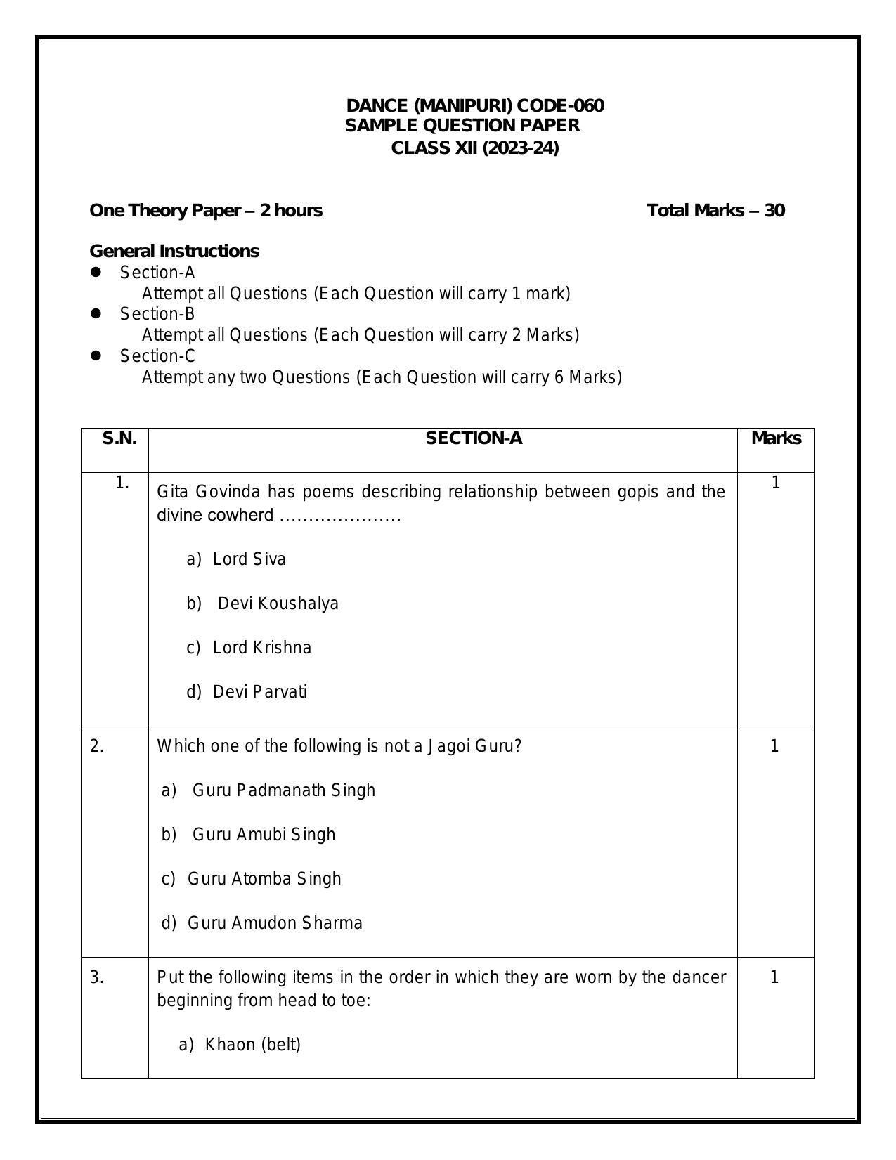 CBSE Class 12 Dance Manipuri Sample Paper 2024 - Page 1