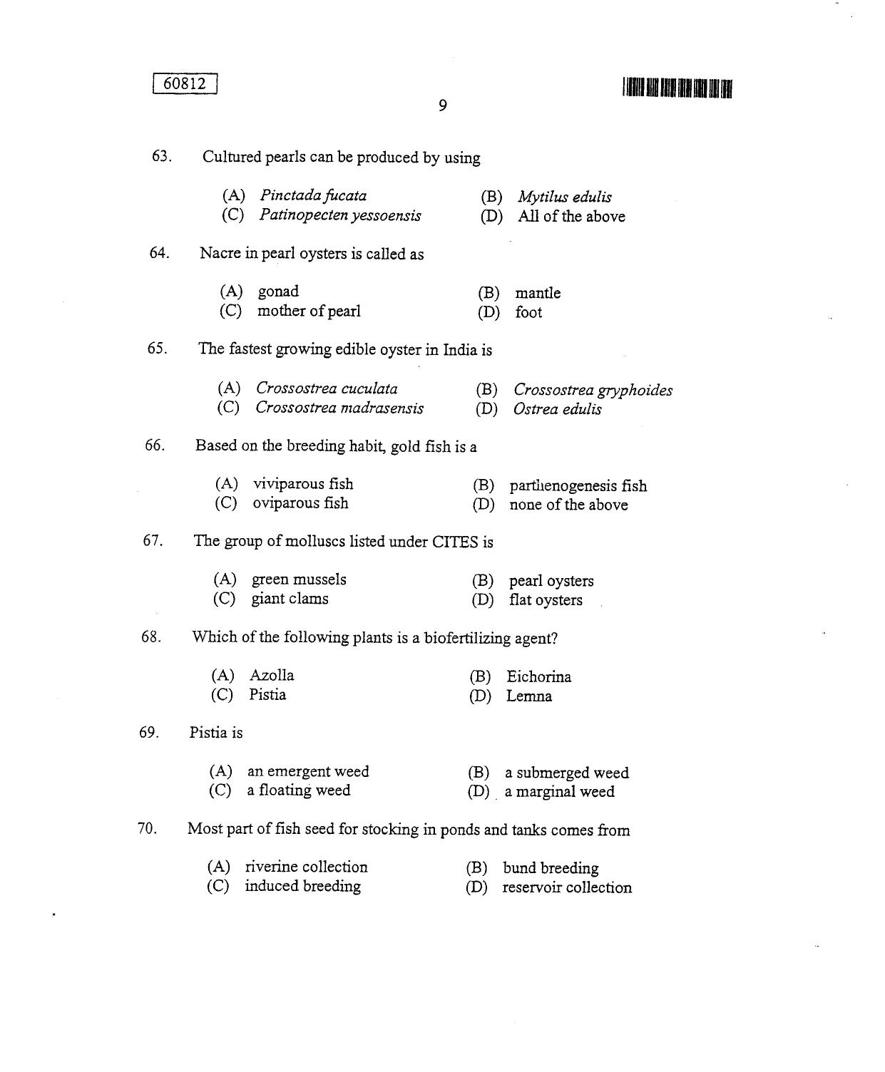 CUSAT CAT 2012 Fisheries Question Paper - Page 10