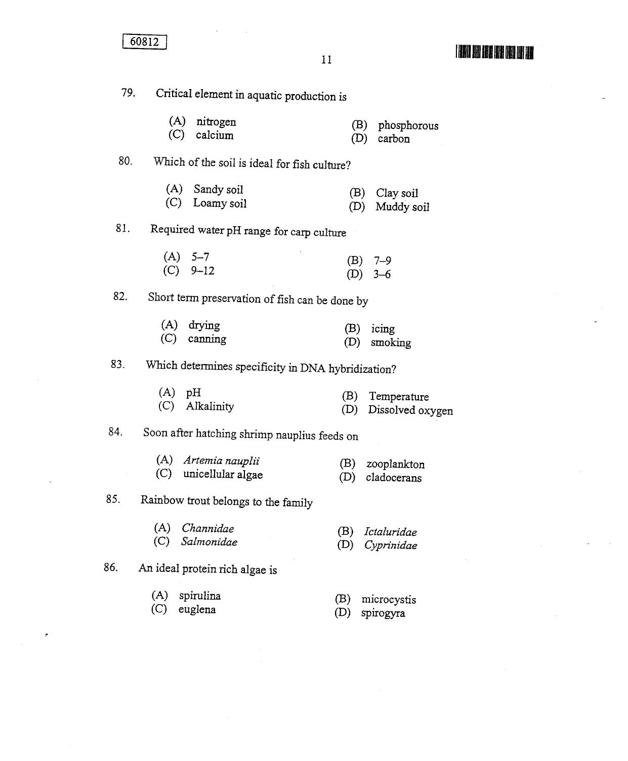 CUSAT CAT 2012 Fisheries Question Paper - Page 12