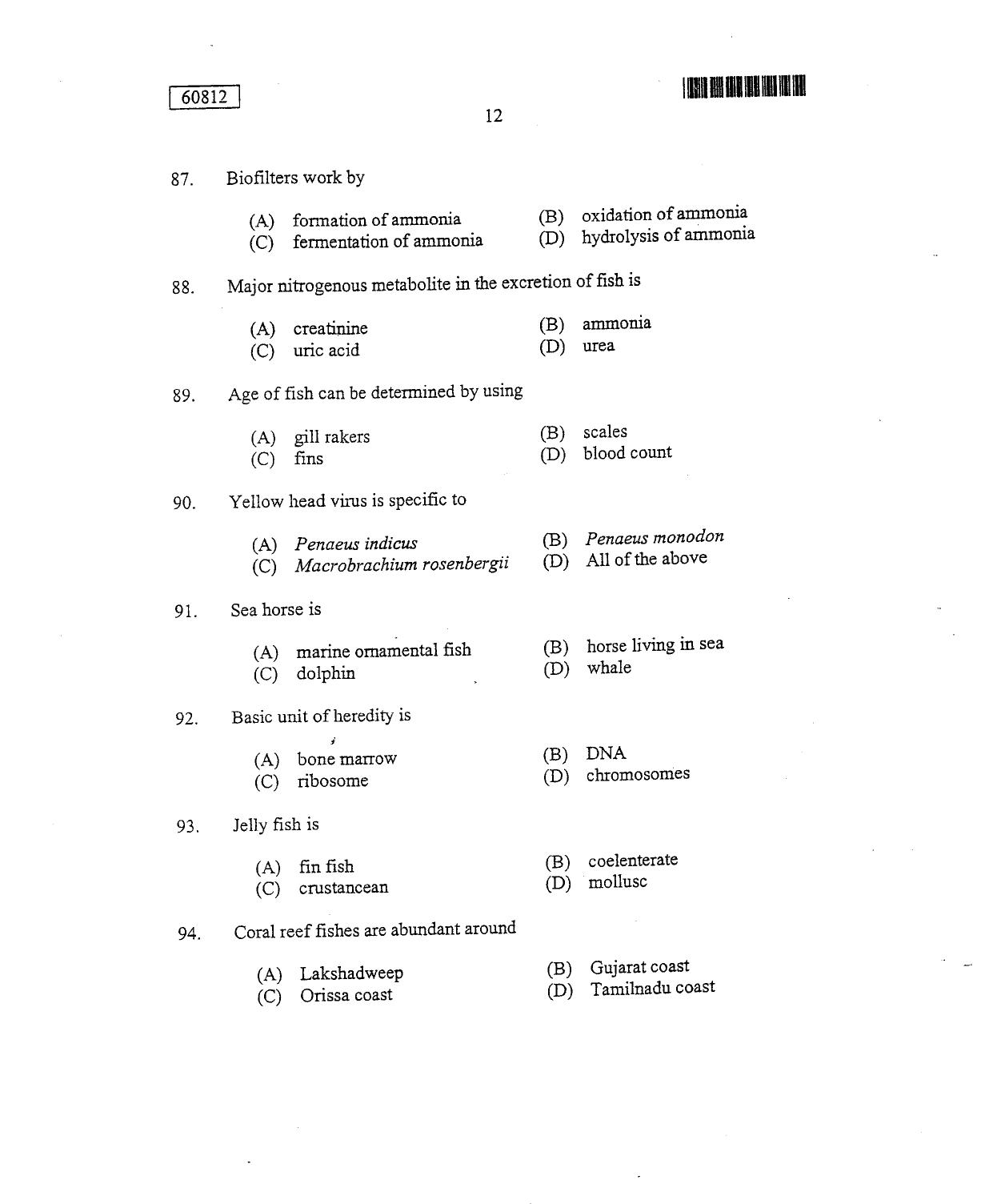 CUSAT CAT 2012 Fisheries Question Paper - Page 13