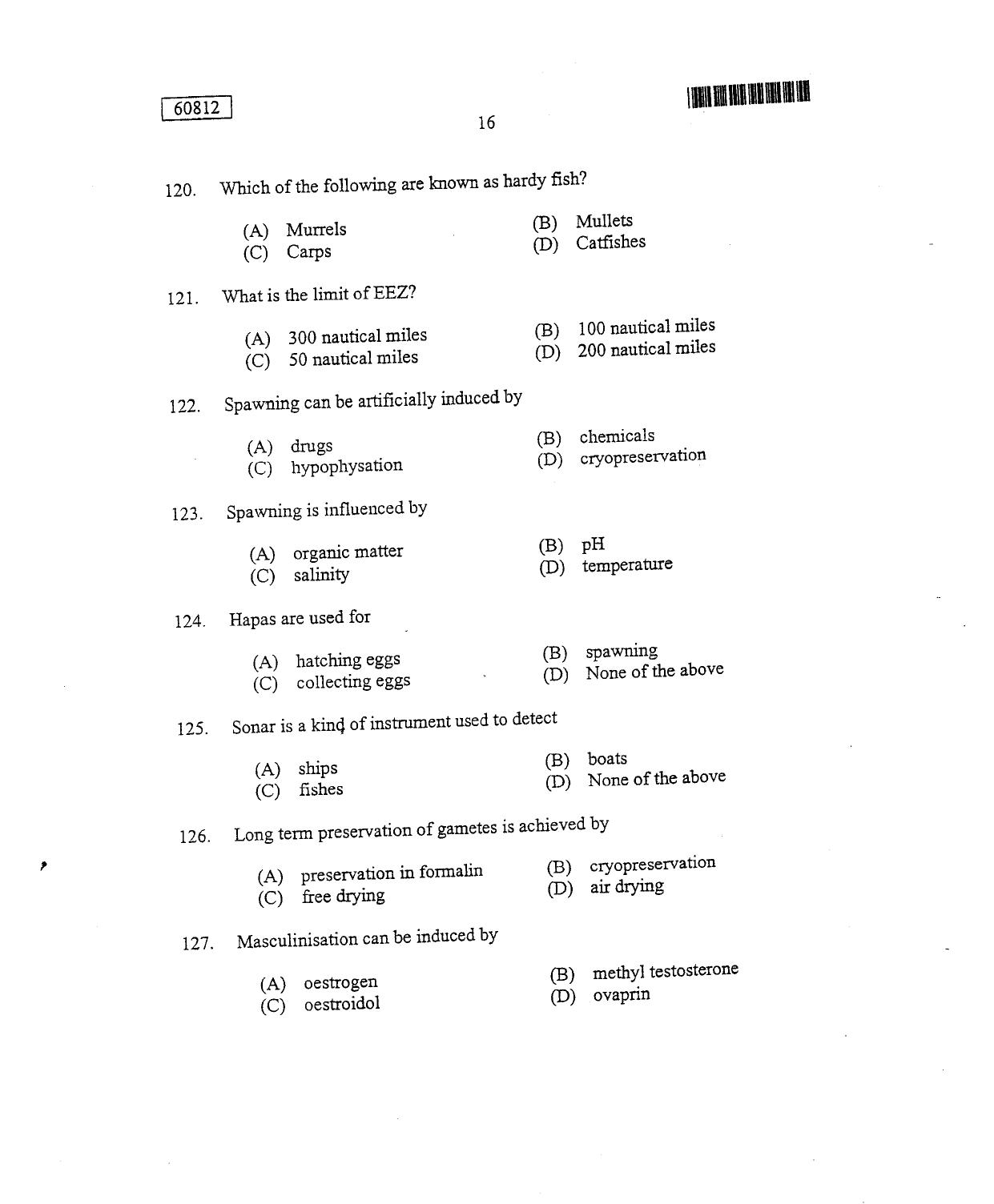 CUSAT CAT 2012 Fisheries Question Paper - Page 17