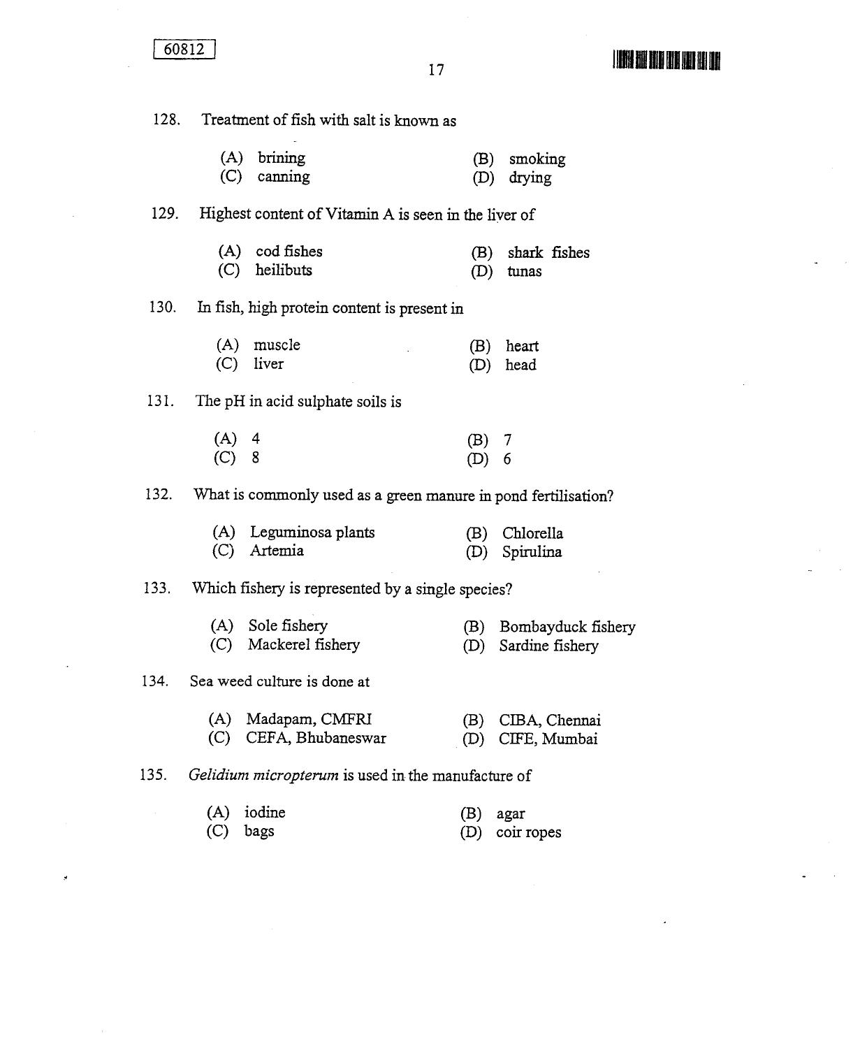 CUSAT CAT 2012 Fisheries Question Paper - Page 18