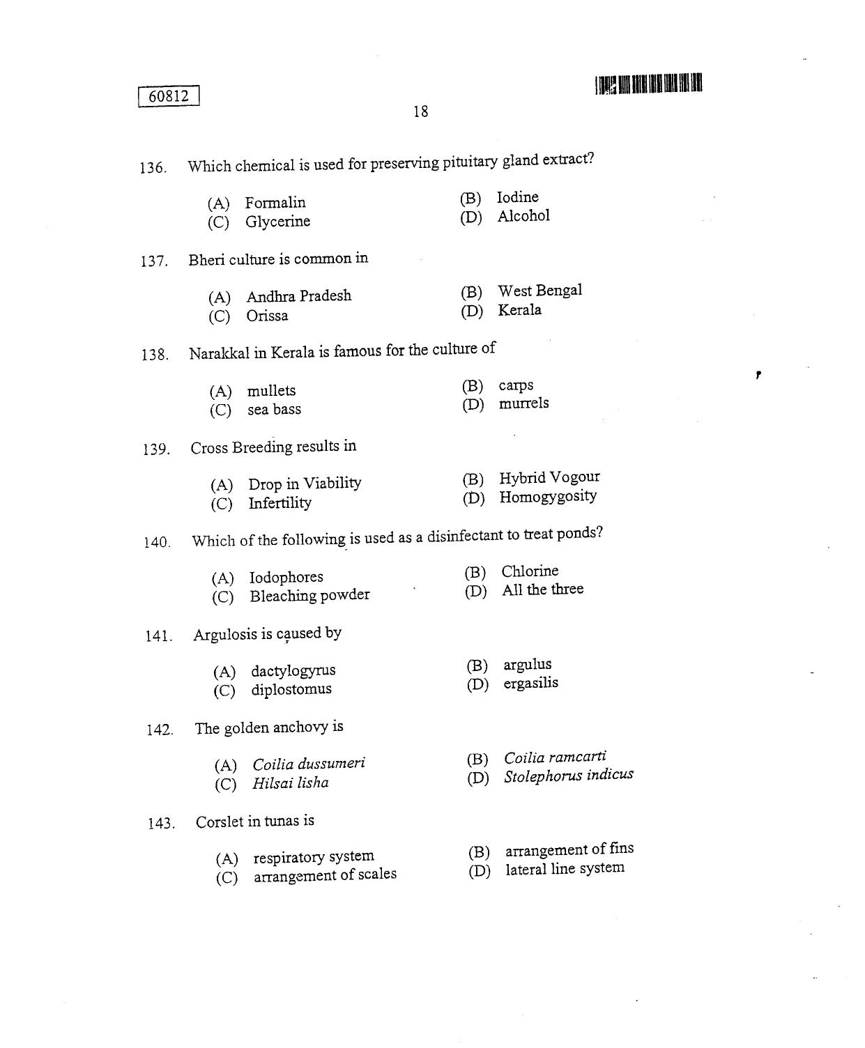 CUSAT CAT 2012 Fisheries Question Paper - Page 19