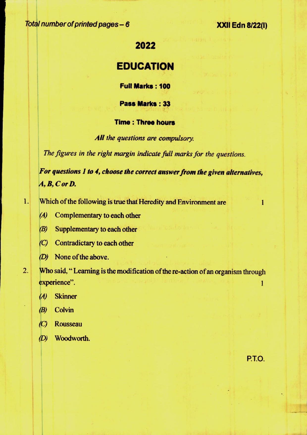 COHSEM 12th Question Papers Improvement 2022 Education - Page 1