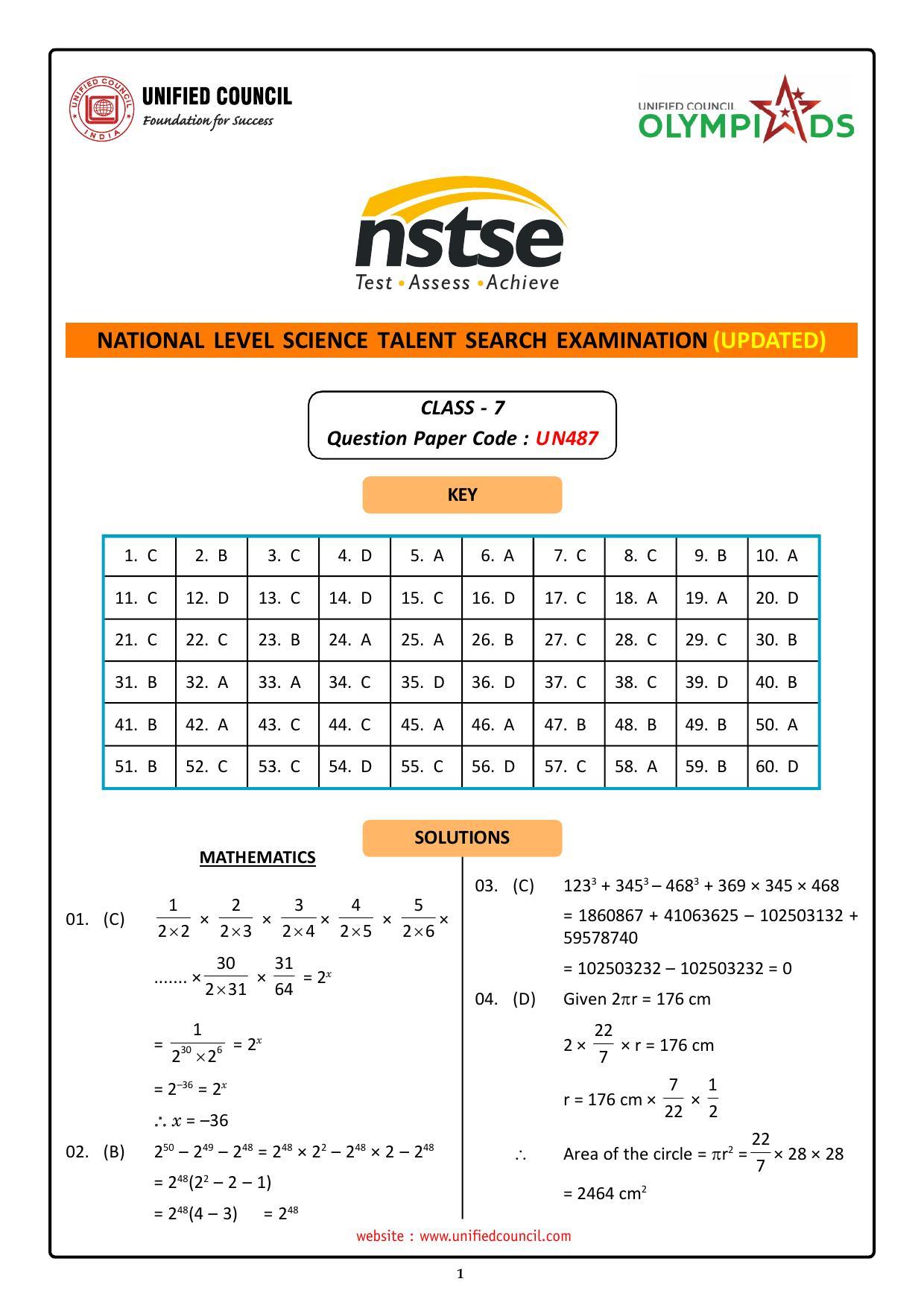 NSTSE 2023 Class 7 Answer Key (Paper Code 487) - Page 1