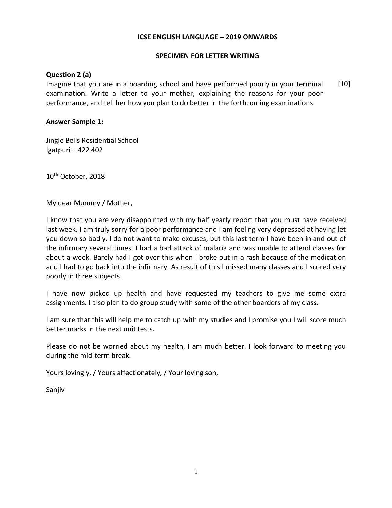 ICSE Class 10 Letter Writing Specimen Paper - Page 1