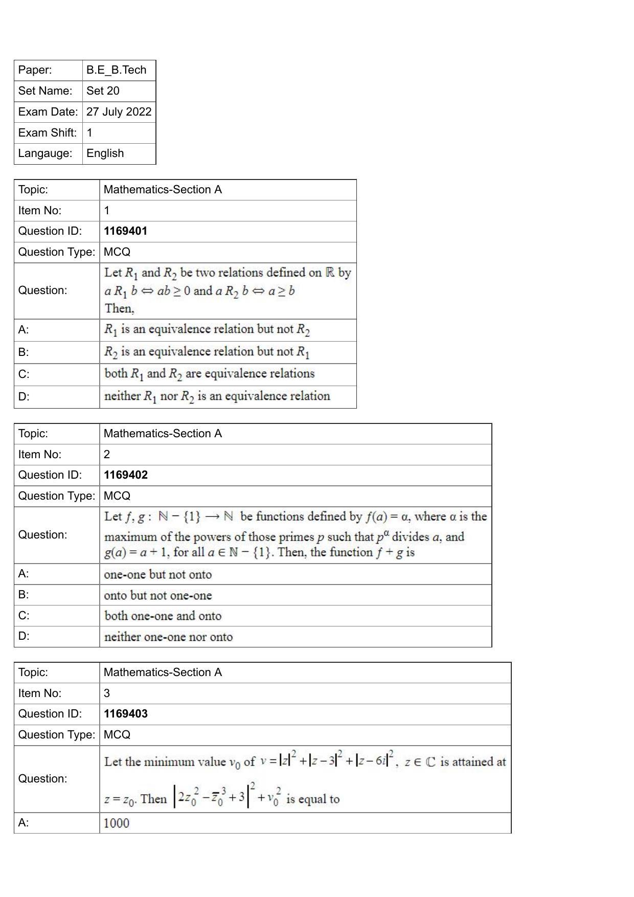 JEE Mains 2022: BTech English (Shift 1) 27-07-2022 Question Paper - Page 1