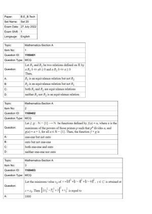 JEE Mains 2022: BTech English (Shift 1) 27-07-2022 Question Paper