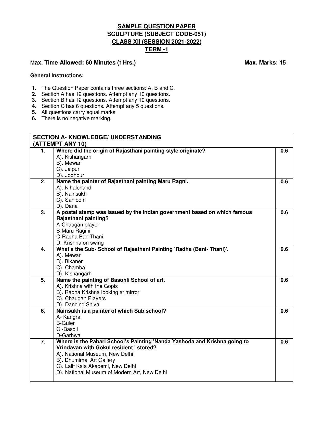CBSE Class 12th Sculpture Sample Question Paper 2021-22 - Page 1