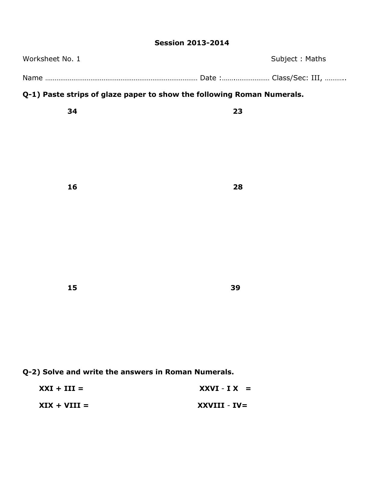 Worksheet for Class 3 Mathematics Assignment 6 - Page 1