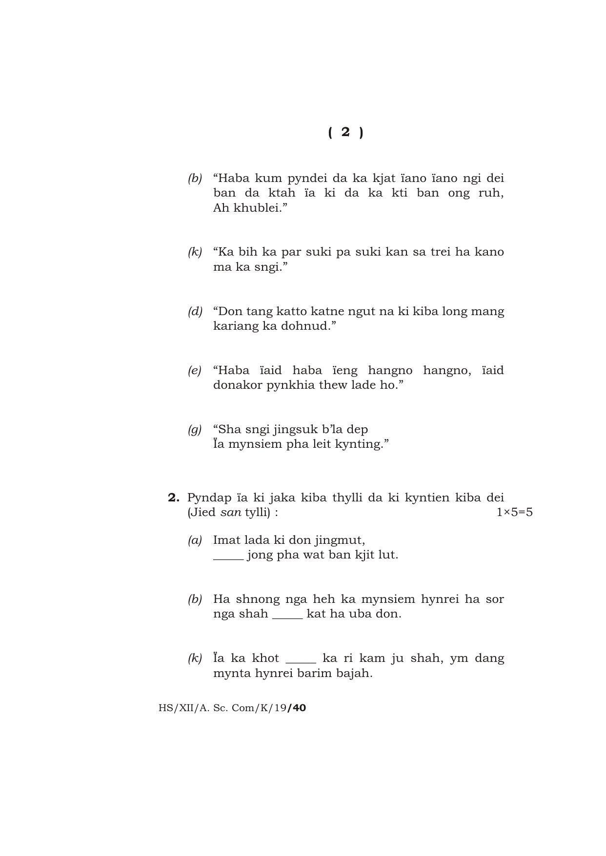 Meghalaya Board (MBOSE) Class 12 KHASI 2019 Question Paper - Page 2
